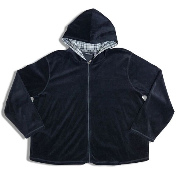 Erika Woman Black Velvety Soft Zip Plaid Hooded Jacket Plus Size NWT - Picture 1 of 7